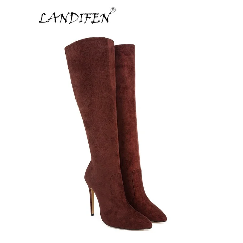 LOSLANDIFEN Autumn And Winter Over The Knee Women Boots Velvet Sexy High Heels Slip on Shoes Pointed Toe Woman Long