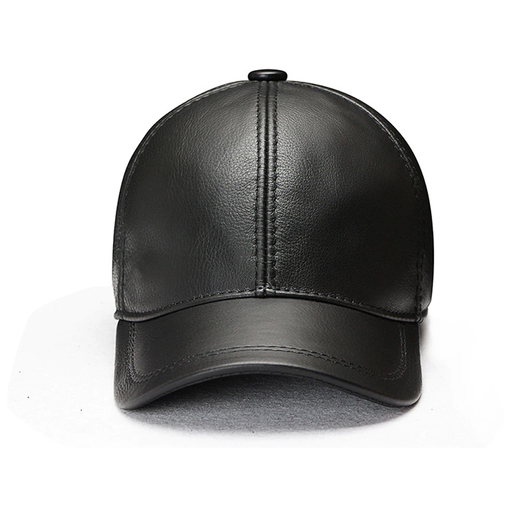 Men Real Cowhide Leather Earlap Caps Male Fall Winter 100% Real Cow Leather Hats New Casual Real Leather Outdoor Baseball Cap