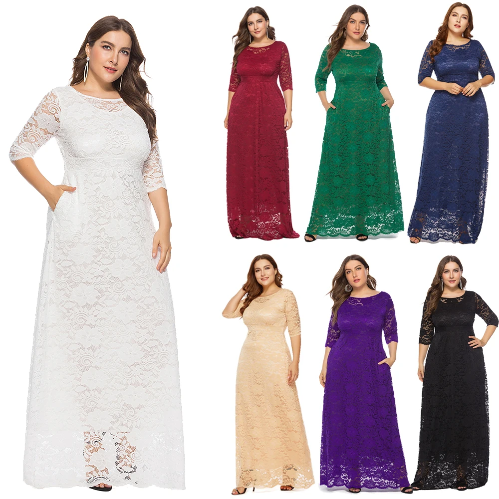 Plus Size 6XL Cổ Tròn Ren Dạ Hội Rỗng Hứa Áo Có Túi Form Đầm Suông Tay Lửng Áo Dây Xucthhc 2020 áo Dài Cách Tân