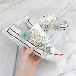 Spring/summer New Heel-less Canvas Shoes for Women Female Pearl Flowers Girls Students'Lace-up Fashion Casual Shoes 35-40