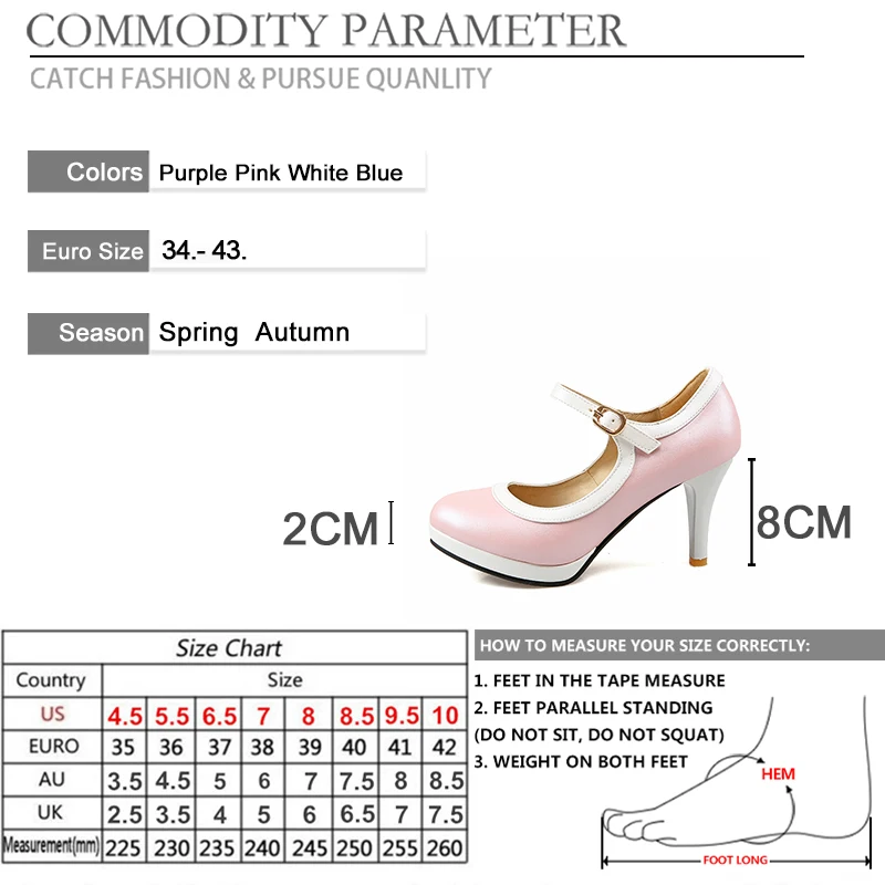 BYQDY Spring Autumn Lolita Wedding Shoes For Woman High Heels Mary Janes Shoes Sweet Heels Buckle Strap Dress USA Shoe Plus Size