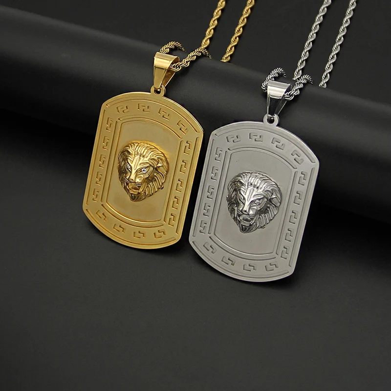 

Hip Hop Bling Iced Out Stainless Steel Male Lion Geometric Square Pendant Necklace for Men Rapper Jewelry