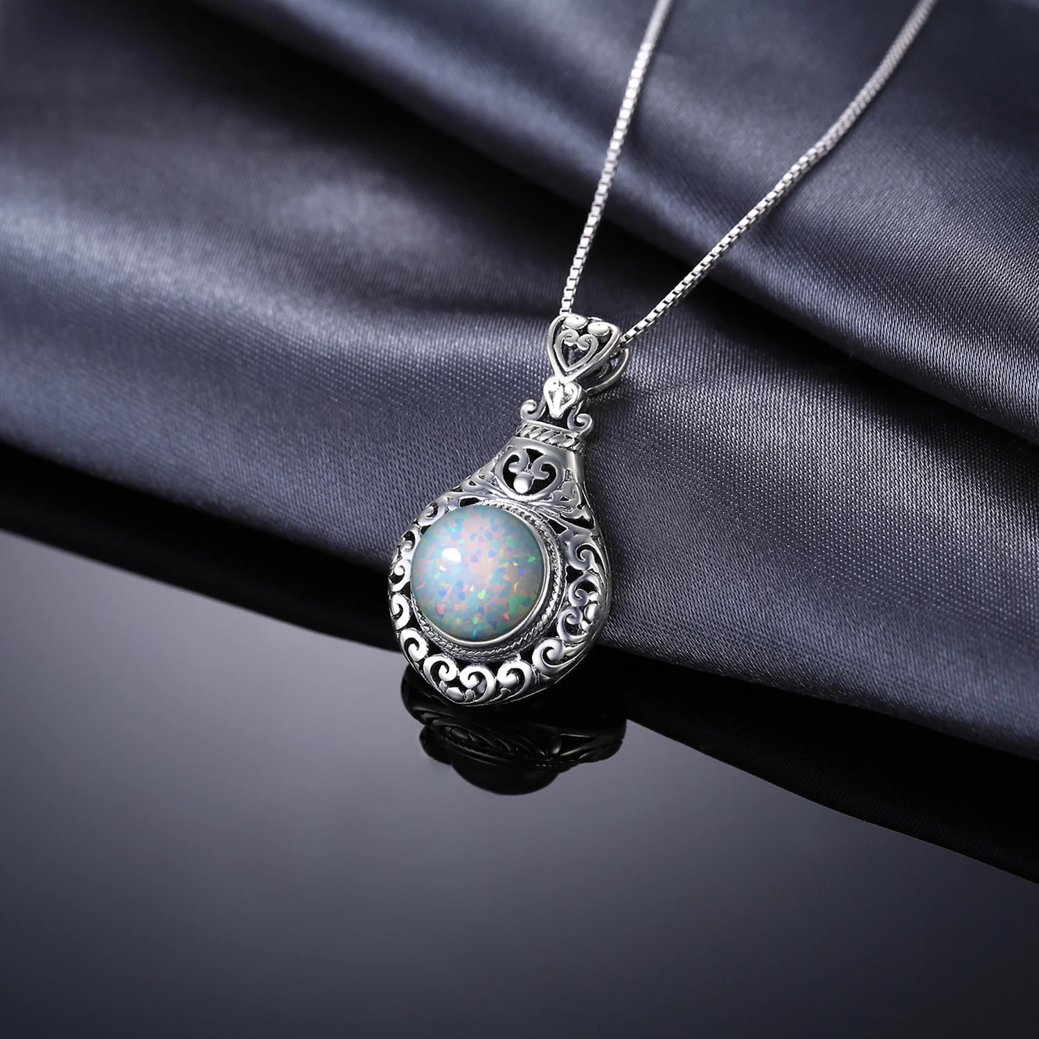JewelryPalace Vintage 2.5ct Cabochon Created Opal 925 Sterling Silver Heart Love Statement Pendant Necklace Choker No Chain