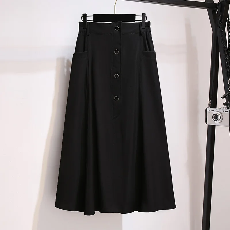 150Kg Plus Size Women's Spring New Loose High Waist A-Line Skirt Solid Button Elastic Waist Long Skirt Black 5XL 6XL 7XL 8XL 9XL