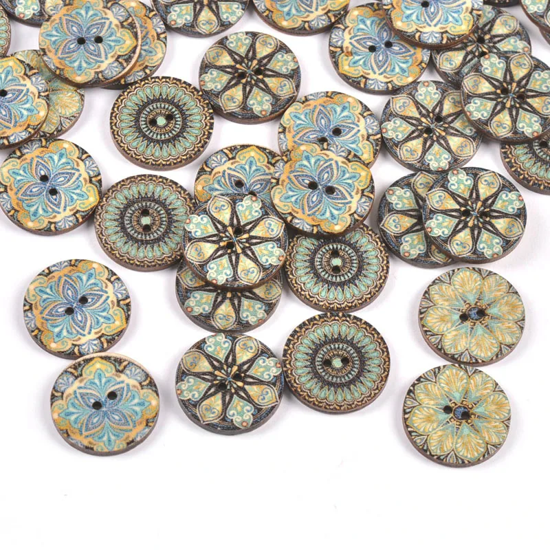 50Pcs 25mm bottoni in legno stampati Vintage per Scrapbooking artigianato fai da te abbigliamento da cucito abbigliamento per bambini abbellimento