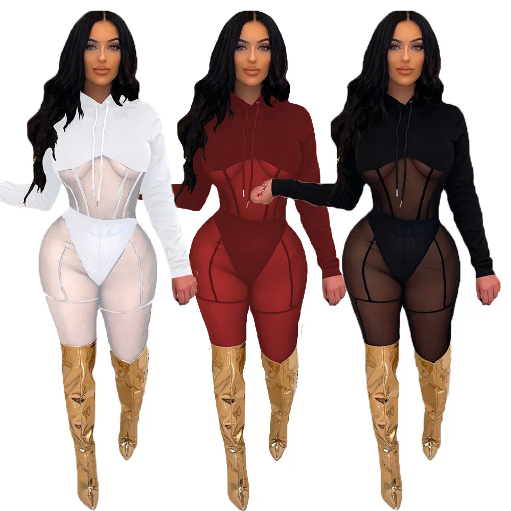 Patchwork Sheer Mesh Two Piece Set Women Sexy See Through Long Sleeve Hooded Top Leggings Club Party Women Set Outfits Clothes