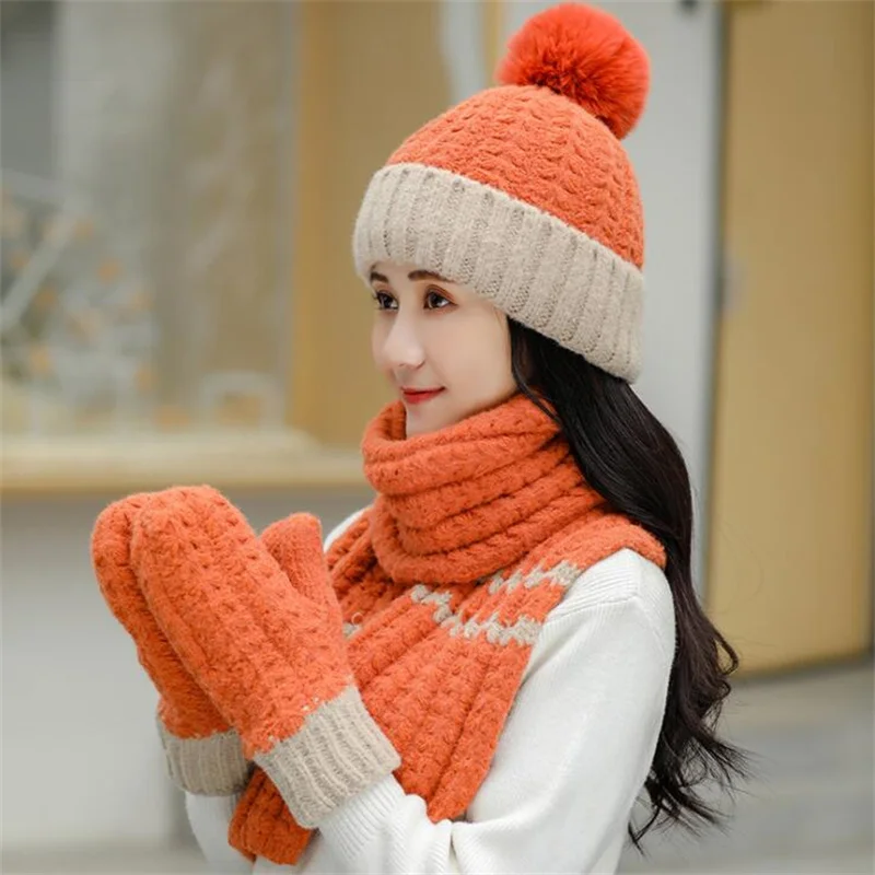 Conjunto de gorro y bufanda y guantes para mujer, gorros gruesos de punto de tres piezas, cálidos, Otoño e Invierno