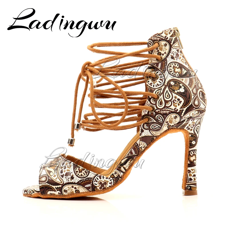 Ladingwu Women Dance Shoes Lace-up Latin Dance Shoes Ladys Patry Salsa Tango Dance Shoes European and American Style Printing Le