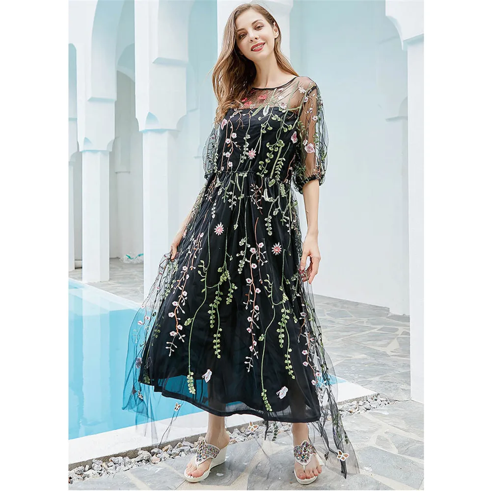 Nieuwe Zwarte Mesh Kant Bloem Geborduurde Jurk Vrouwen Bohemian Zomer Half Mouw Chiffon Elegante Bloemen Lange Jurken Feestavond