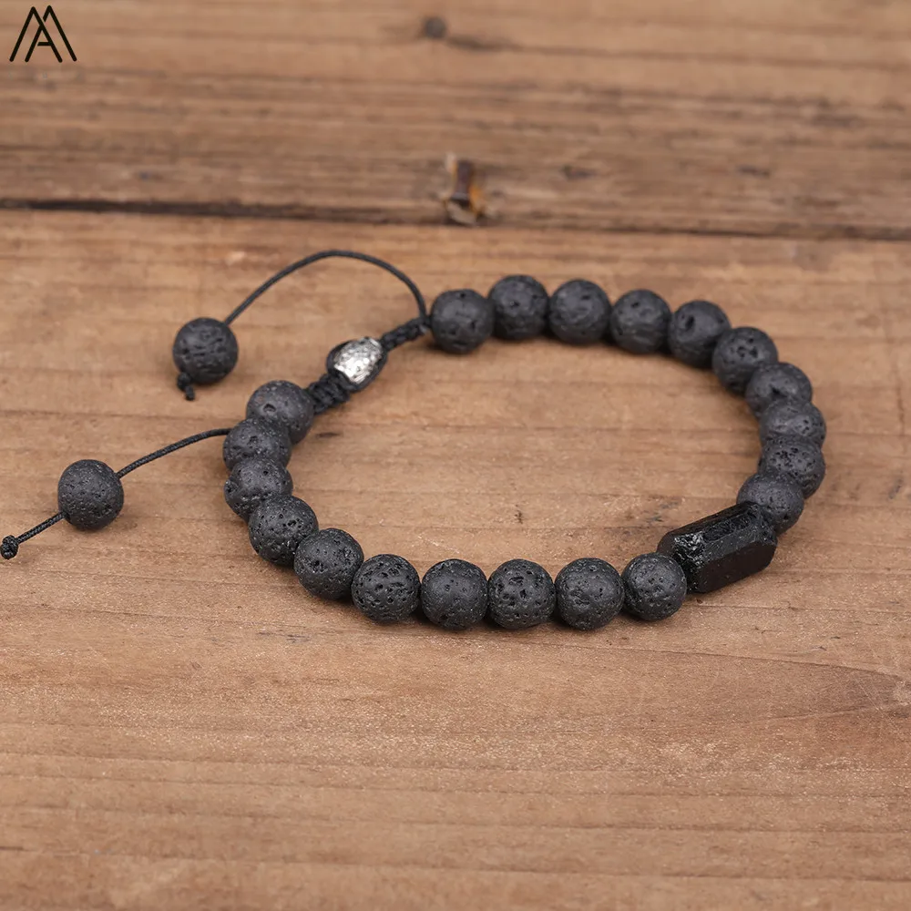 Natural Black Tourmaline 8mm Black Lava Stone Beads Cord Knotted Adjustable Bracelet Boho Women Mala Beads Bracelet N0384AMC.E