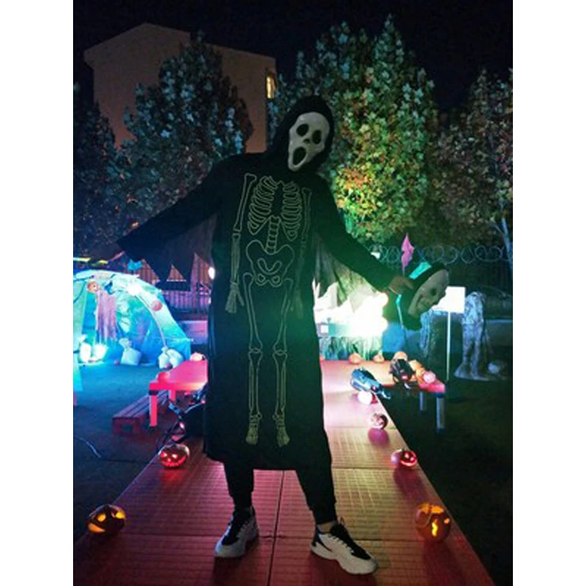 Halloween Đáng Sợ Đồng Hồ In Hình Dạ Quang Quần Áo Trẻ Em Người Lớn Jumpsuit Đầu Lâu Ngày Của Người Chết Trang Phục Hóa Trang Trang Phục Áo Dây