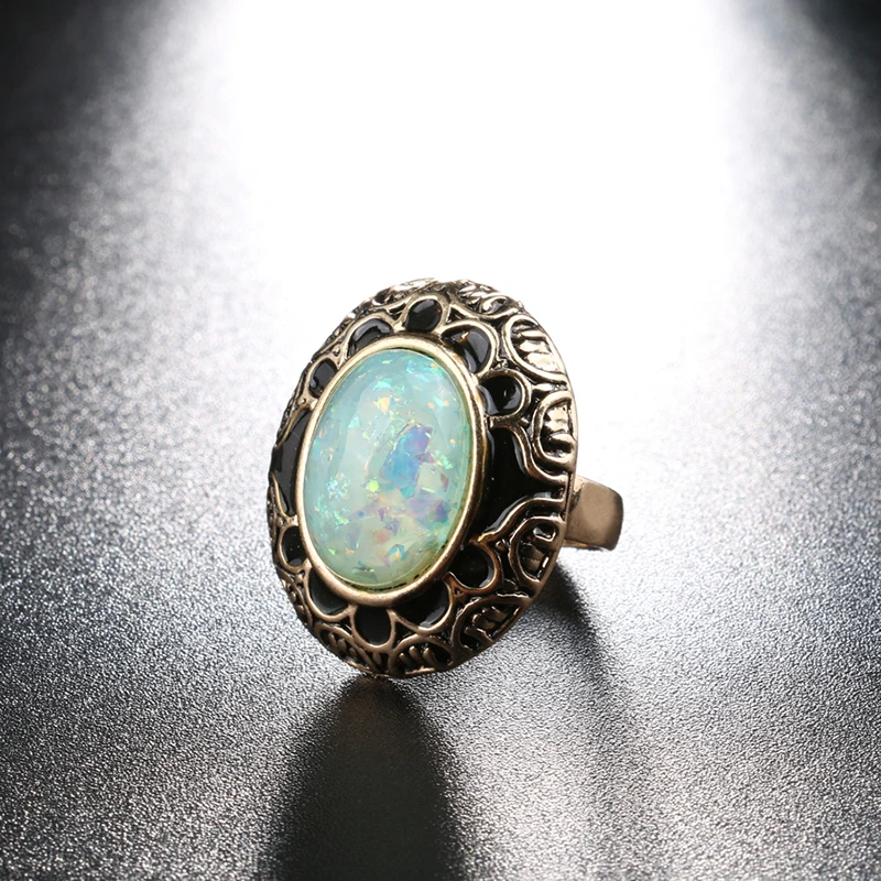 Kinel Hot Vintage Opal Stone Rings For Women Fashion Antique Gold Black Enamel Oval Ring Bohemian Jewelry