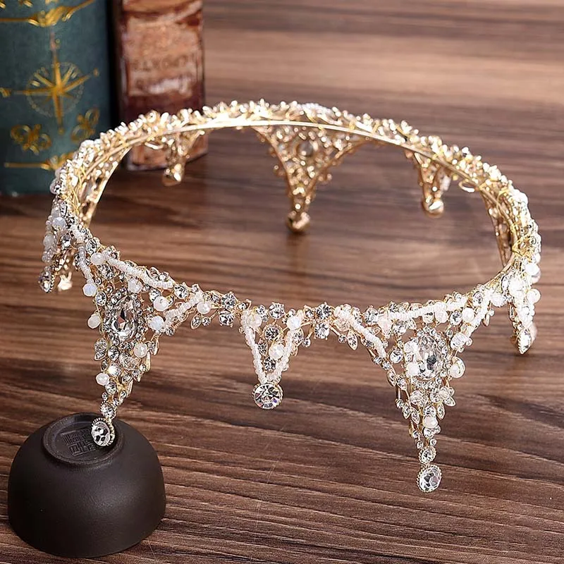 Baroque Bridal Crown Crystal Beads Full Round Tiara For Women Queen Diadem Wedding Hair Ornaments Jewelry Hair Accessories Ml