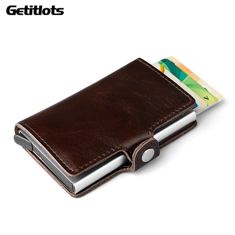 Genuine Cow Leather Men Credit Card Holder Automatic Aluminum Mini Card Wallet With Back Pocket ID Card RFID Blocking Purse Hot