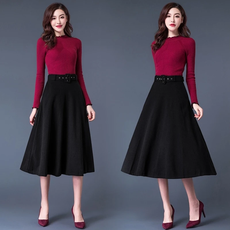 Elegant High Waist Long Skirts For Women Autumn Winter Woolen Velvet Skirt With Belt Loose A-line Maxi Ladies Skirt Khaki Red