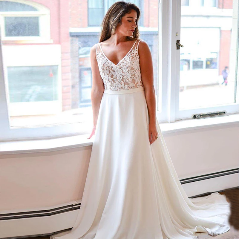 

Elegant Plus Size Wedding Dress Double V-neck Sleeveless Chiffon Beach Bridal Gown with Appliques Robe de Mariee