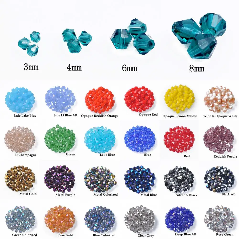 Perles d\'espacement en verre cristal à facettes bicone plaquées AB, lot de couleurs, 3mm, 4mm, 6mm, 8mm, bijoux de bricolage exécutif