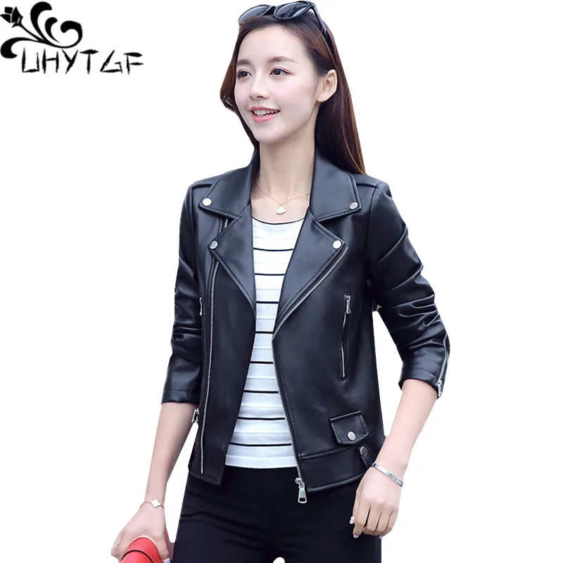 UHYTGF Luxury PU leather spring autumn leather jacket women fashion Women Slim short biker jacket Big size jaqueta de couro 313