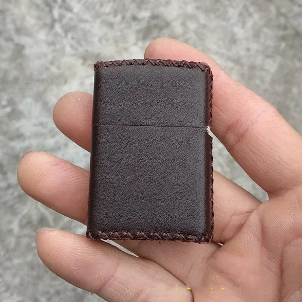 Hand-stitched  Cowhide Brown Leather Durable Protective Sleeve Simple Case Lighter Holster Cover for Zippo Lighter Cover