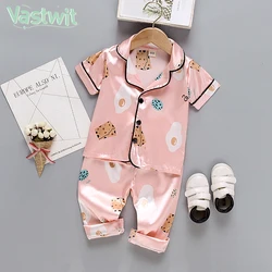 Kid Pajama Sets Silk Satin Pajamas Baby Boys Girls Clothing Sets Pyjamas Cartoon Print Short Sleeve Blouse Tops+Pants Sleepwears