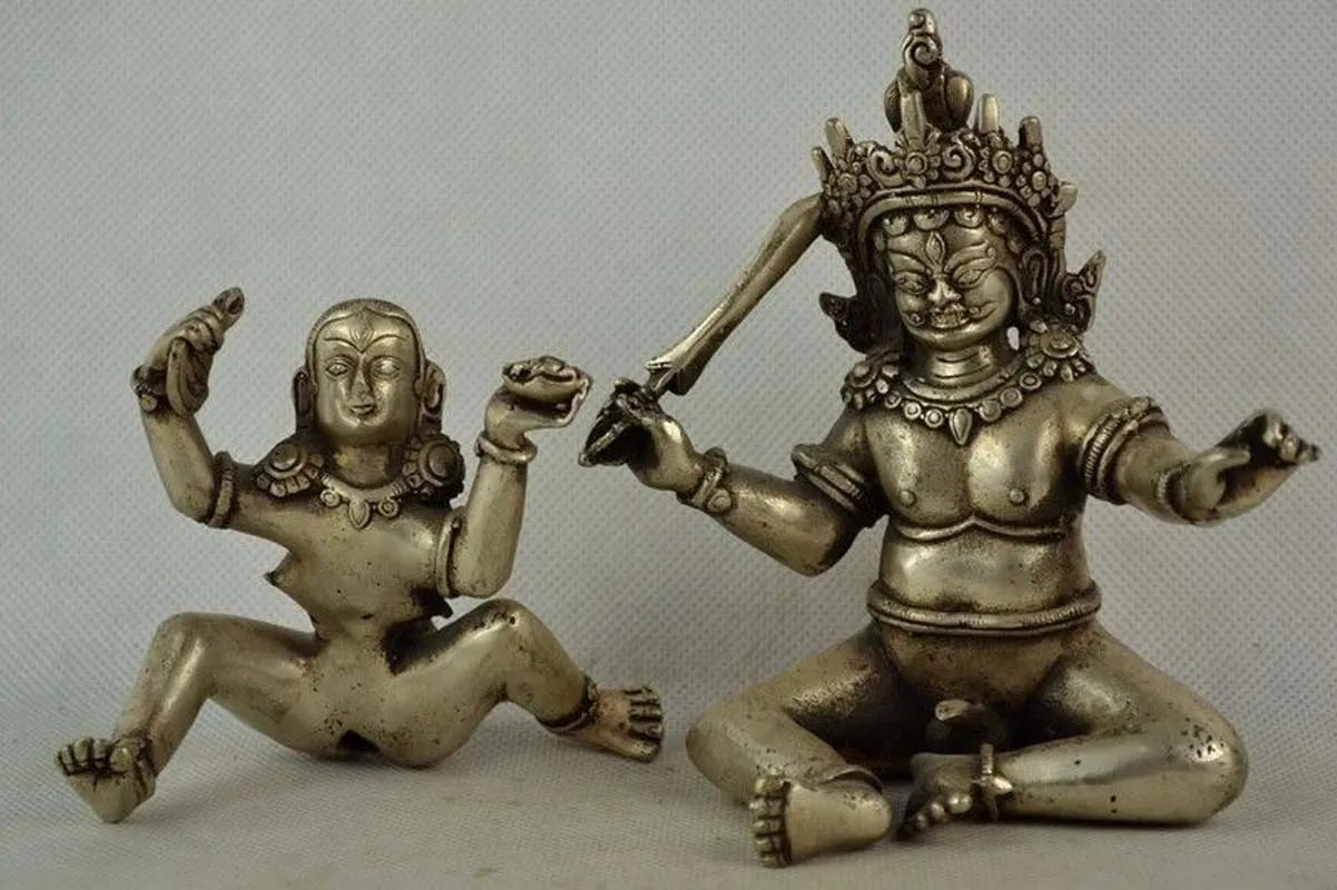 

Collectibles Old Decorated Handwork Tibet Silver Carving MAKE LOVE Buddha Statue