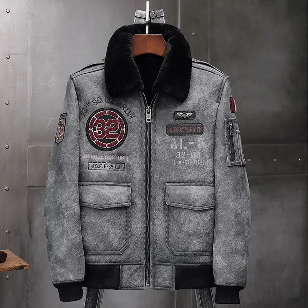 Denny&Dora Men's Air Force Grey Shearling Jacket Embroidered Genuine Sheepskin Leather Flight Coat