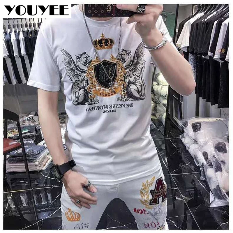 Hot Men T-shirt 2021 Summer Crown Embroidered Short Sleeve Tee Shirt Men\'s Fashion Casual Cotton Streetwear O Neck Tops Male