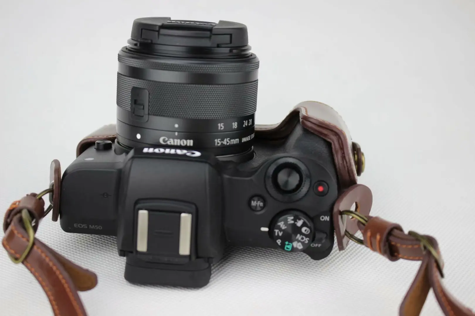 Luksusowy Pu skórzany futerał do aparatu torba do Canon EOS M50 M50 Mark II EOSM50 z 15-45mm obiektyw otwarta pokrywa baterii + pasek + Mini etui