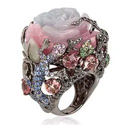 Milangirl  Vintage Black Tungsten Ring Peony  Flower Tree Vine Lizard Handmade Jewelry Resin Crystal Beaded Rainbow Ring