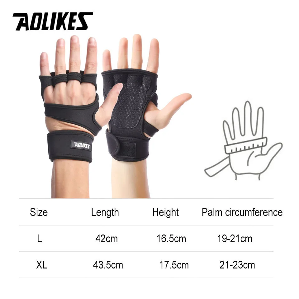 AOLIKES 1 Pair Gym Fitness Gloves Hand Palm Protector with Wrist Wrap Support Crossfit Workout Bodybuilding Power Weight Lifting