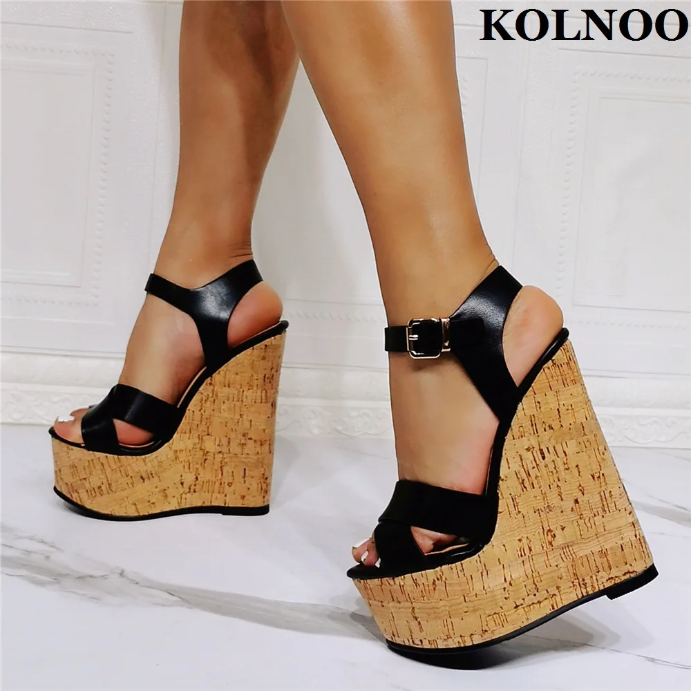 Kolnoo Handmade Large Size 35-47 Women Wedges Heel Sandals Buckle Ankle Strap Peep-toe Black Summer Evening Xmas Fashion Shoes