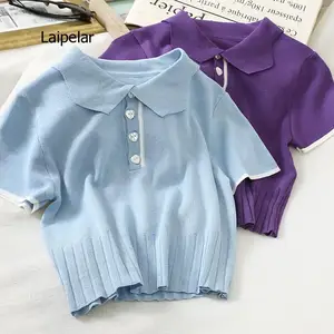 Ladies Polo shirt Lapel T-shirt Knit irregular short-sleeved casual summer crop T-shirt