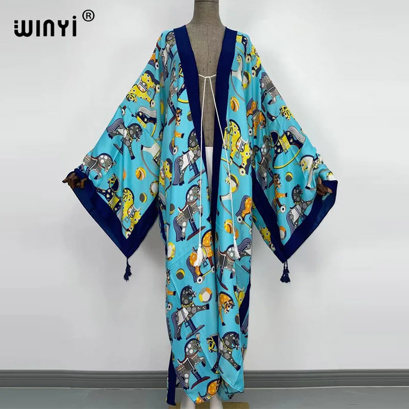 Kimono Dress Kaftan Bikini cover-up swimwear America Women clothes Coat African Floral Printed Front Open Traf Robe Muslim