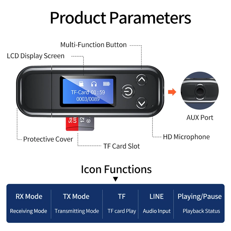 LCD Display Bluetooth 5.0 Audio Transmitter Receiver USB 3.5MM RCA TF Stereo Music Wireless Adapter Built-in Battery For TV CAR