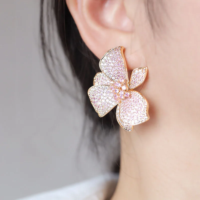 FXLRY New Design Fashion Golden Color Cubic Zirconia Big Flower Stud eEarring For Women Wedding Bride Jewelry