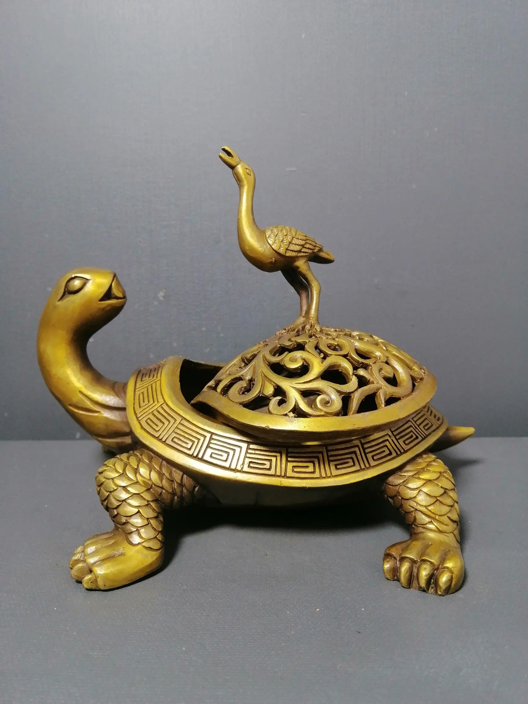 

China Bronze Dragon Turtle Tortoise Crane Statue Incense Burner Censer