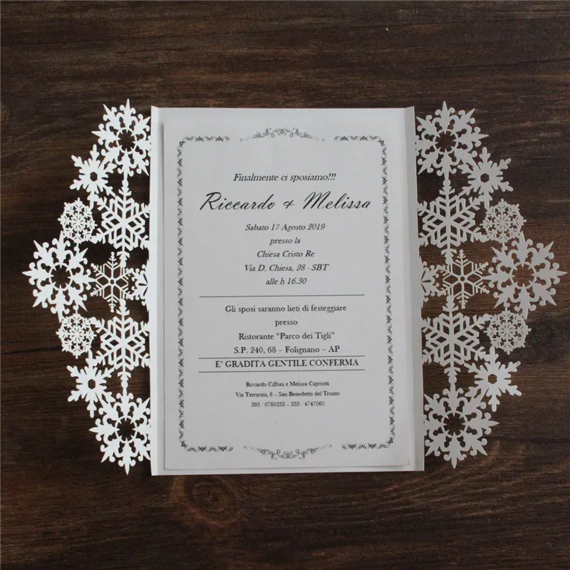 

Snowflake laser cut winter wedding invitation set pearl shimmer party invites custom design 50 sets