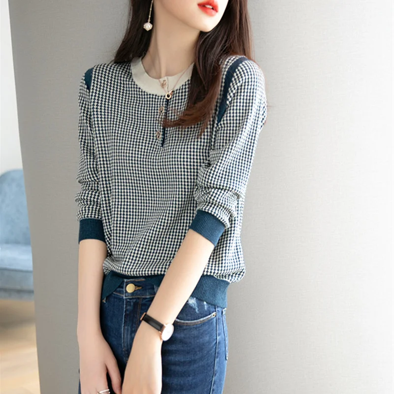 DY Western style all-match loose top women 2020 autumn new round neck long sleeve black and white plaid sweater