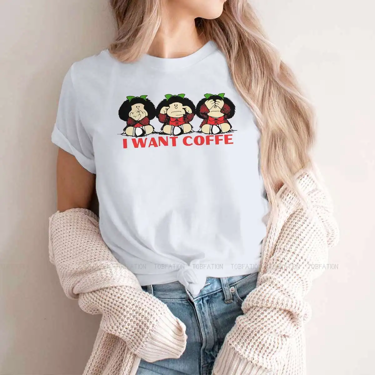 I Want Coffe Women Tshirts Mafalda Quino Comics Manga Girl Gothic Vintage Female Clothing Large Cotton Graphic Clothes