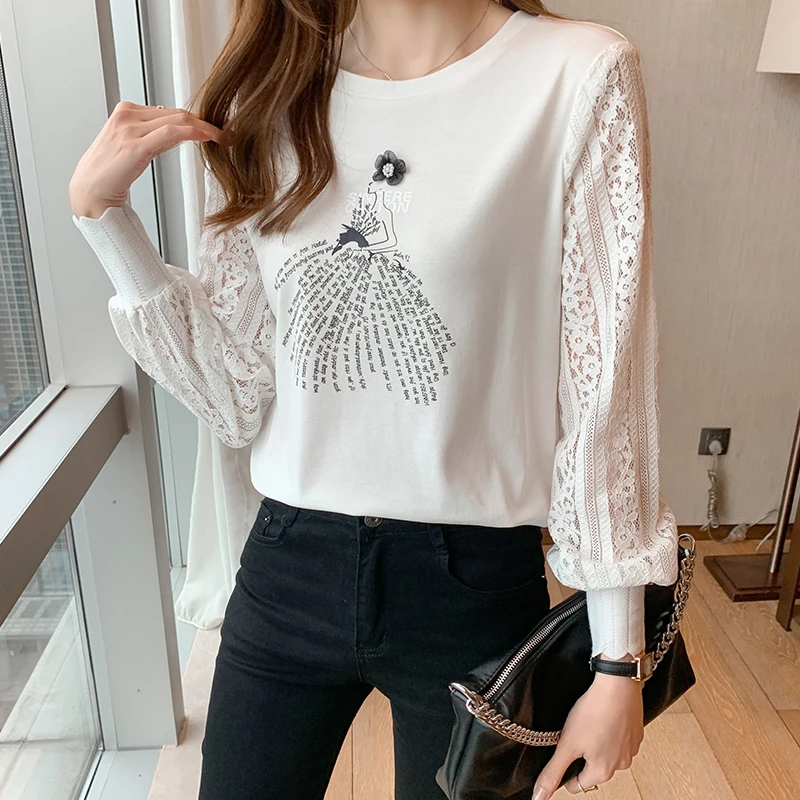 Fashion elegant Women\'s lace Tshirt Casual Tops printing T Shirt Basic bottoming shirts Ladies o-neck Long Sleeve Tee Shirt