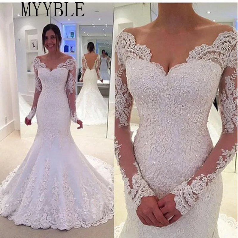 

MYYBLE New Long Sleeves Mermaid Wedding Dresses 2022 Lace Cheap Wedding Bride Dress Real Pictures Vestido De Noiva Custom-made