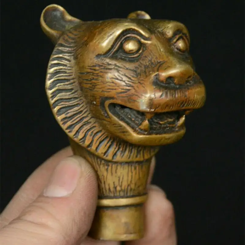 

Folk China Bronze Fengshui 12 Zodiac Year Tiger Beast Head Crutch Handle Statue