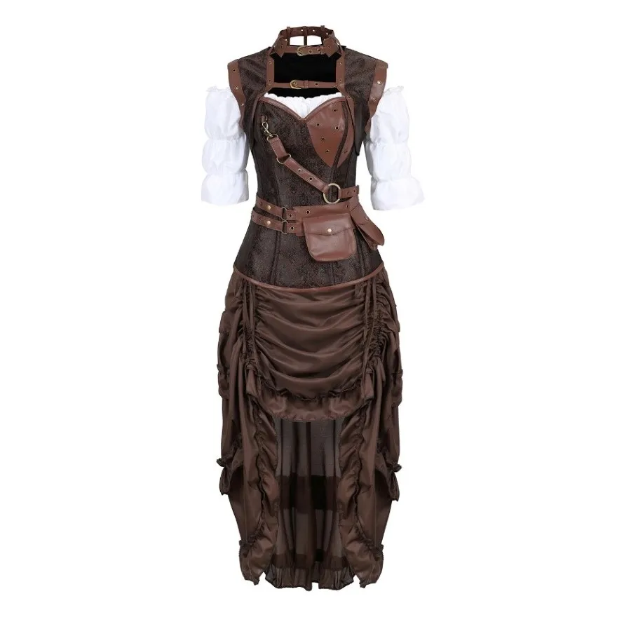 Women Steampunk Corset Dress Pirate Shirt Gothic Corset Lingerie Top Burlesque Irregular Skirt Halloween Costume Plus Size S-6XL