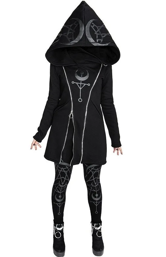 5XL Plus Size Halloween Medieval Women\'s Punk Style Print Long Sleeve Hooded Double Zipper Hoodies Long Black Hoodie