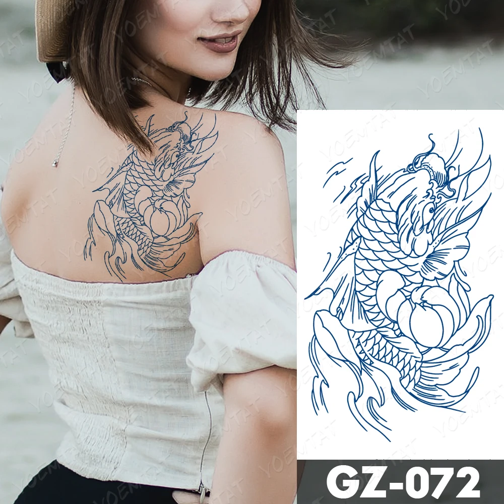 Jus Tinta Tahan Lama Tahan Air Stiker Tato Sementara Agama Buddha Lotus Totem Koi Flash Tato Wanita Lengan Tubuh Seni Palsu Tatto Pria