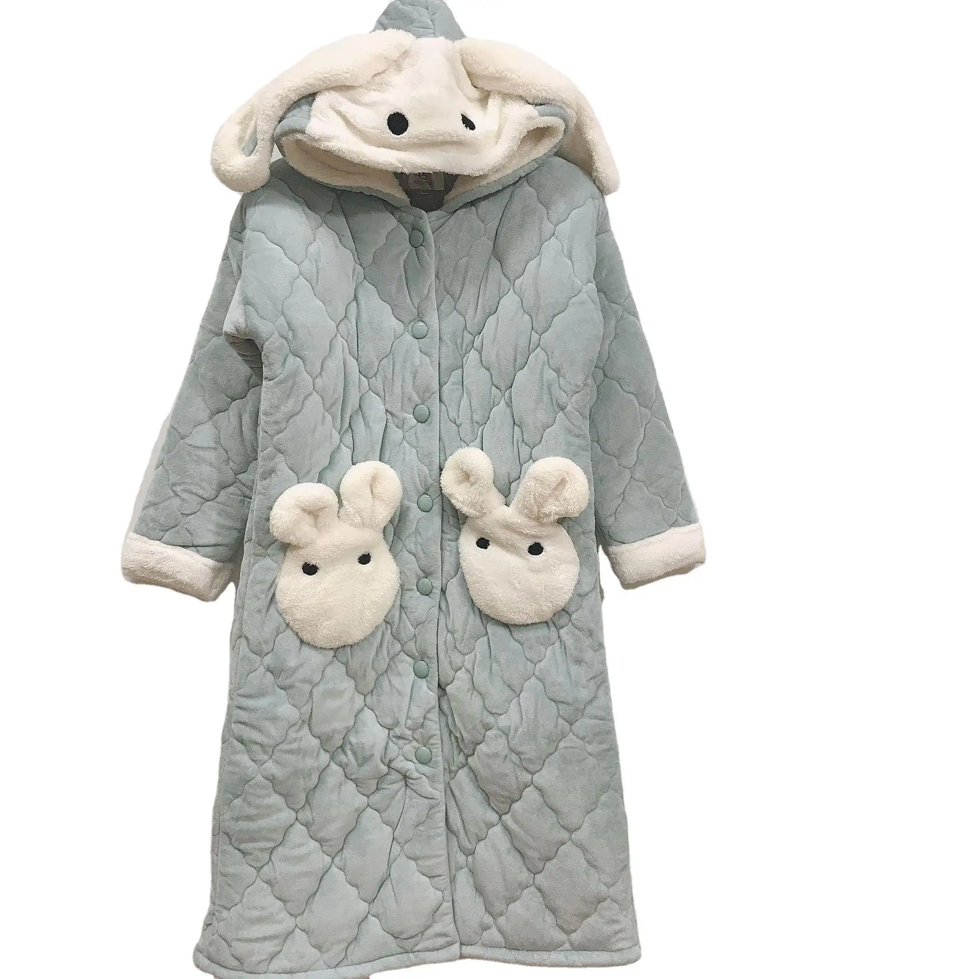 Winter Plus Cotton Thicker Home Pajamas Female Cute Cartoon Fruit Green Nightgown Hooded Warm Pajamas Solid Color Suit