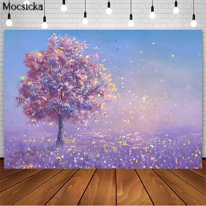 

Romantic Pink Tree Oil Painting Backdrop For Girl Birthday Cake Smash Photo Props Studio Booth Background Blue Sky Photoshoot