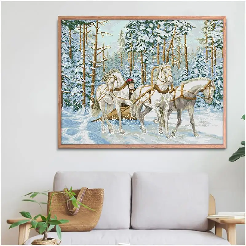 Carriage in the snow Cross-stitch kit Three white horse animals Pattern 14ct11ct count Printed canvas embroidery set DIY crafts