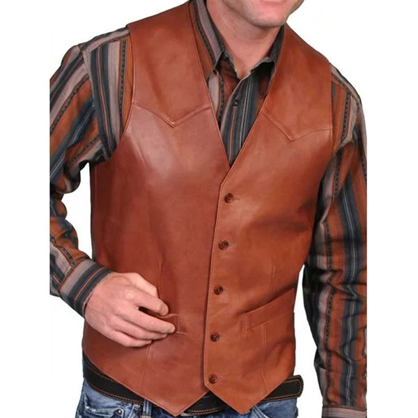 Men's Retro Punk Leather Vest V Neck Brown Solid Color Single Breasted Performance Costume Sleeveless Slim Fit For Casual Men