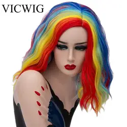 VICWIG Cosplay Perücke Für Frauen Schwarz Weiß Grün Lila Blau Nähte Gradient Regenbogen Bunte Perücke Lockige Kurze Synthetische Haar